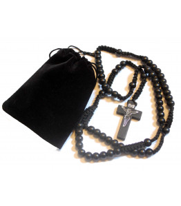 Beautiful Black Wood Corded Rosary Gift Set - Includes Black Wooden Five Decade Rosary and Velvet Feel Drawstring Bag - Perfect for a Car or Travel Rosary - Suitable for Men or Women