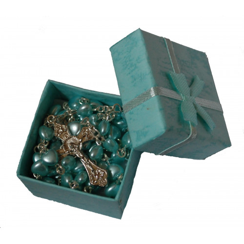 Beautiful Aqua Blue Heart Rosary Beads with Free Aqua Blue Gift Box - Perfect First Rosary, Communion or Confirmation Present