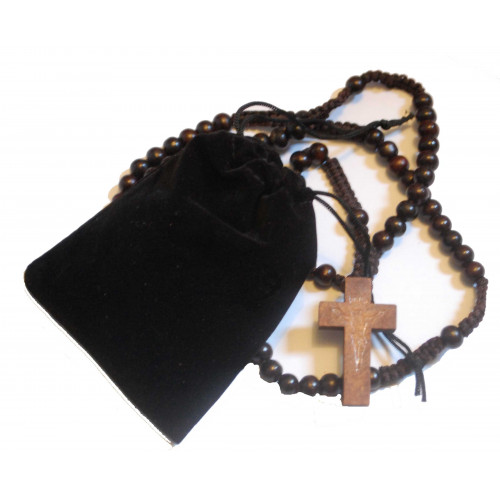 Beautiful Dark Brown Wood Corded Rosary Gift Set - Includes Dark Brown Wooden Five Decade Rosary and Velvet Feel Drawstring Bag - Perfect for a Car or Travel Rosary - Suitable for Men or Women