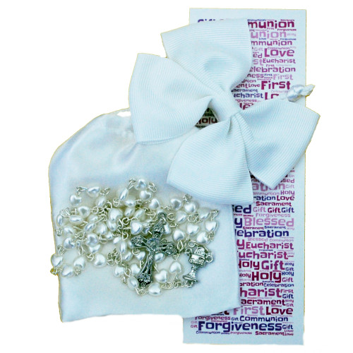 Gorgeous Girls First Communion Gift Set - Set includes: Beautiful White Heart Rosary Beads, White Satin Drawstring Bag, White Hair Bow and 1st Communion Bookmark - Ideal Keepsake Gift