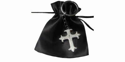 Gorgeous Silver coloured Cross Key Chain and FREE Black Satin Drawstring Bag