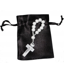 White Wooden Single Decade Catholic Rosary Ring with Black Satin Gift Bag